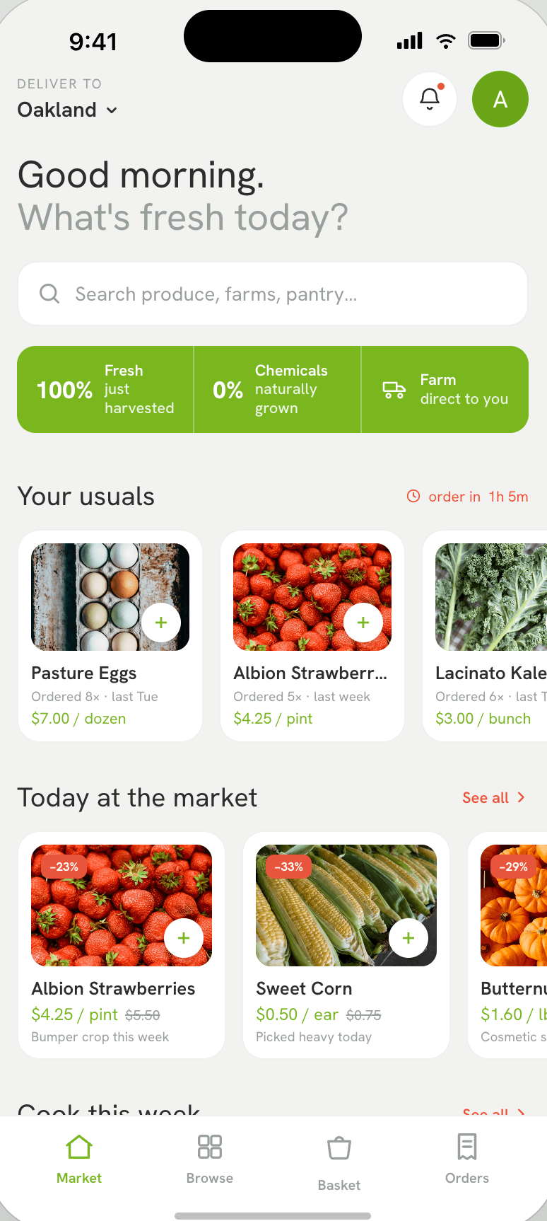 The Freshli home screen, showing today's deals and the delivery cut-off